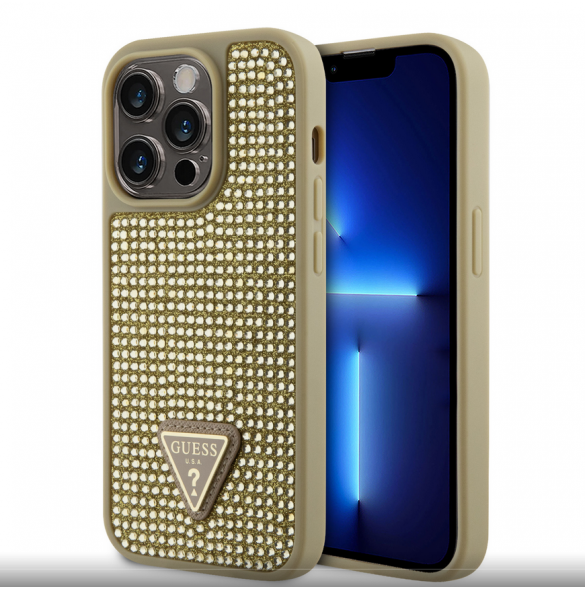 Guess Rhinestones Triangle metalllogofodral för iPhone 15 Pro Gold
