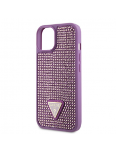 Guess Rhinestones Triangle metalllogofodral för iPhone 15 Plus Lila