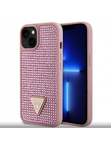 Guess Rhinestones Triangle metalllogofodral för iPhone 15 Rosa