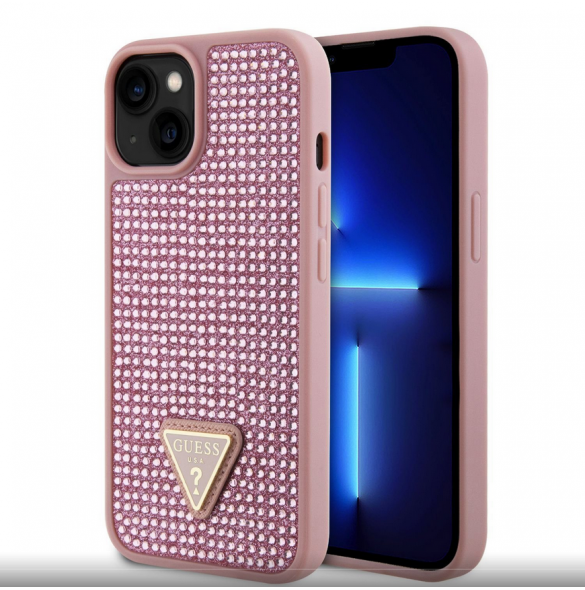 Guess Rhinestones Triangle metalllogofodral för iPhone 15 Rosa