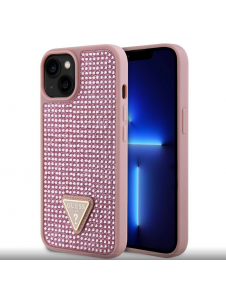 Guess Rhinestones Triangle metalllogofodral för iPhone 15 Rosa
