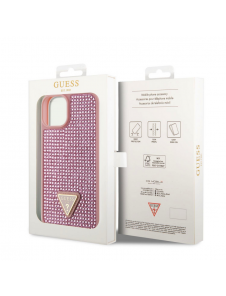 Guess Rhinestones Triangle metalllogofodral för iPhone 15 Rosa