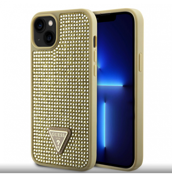 Guess Rhinestones Triangle metalllogofodral för iPhone 15 Gold