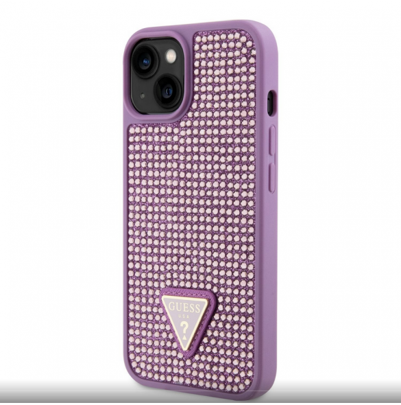 Guess Rhinestones Triangle metalllogofodral för iPhone 14 Lila