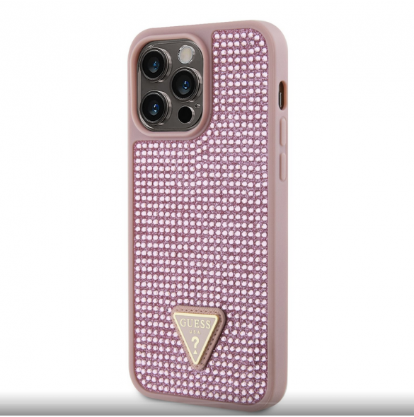 Guess Rhinestones Triangle metalllogofodral för iPhone 14 Pro Max Rosa