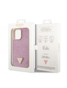 Guess Rhinestones Triangle metalllogofodral för iPhone 14 Pro Max Rosa