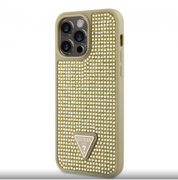 Guess Rhinestones Triangle metalllogofodral för iPhone 14 Pro Max Gold