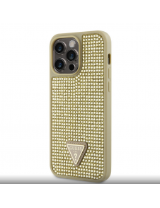 Guess Rhinestones Triangle metalllogofodral för iPhone 14 Pro Max Gold