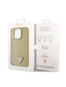 Guess Rhinestones Triangle metalllogofodral för iPhone 14 Pro Max Gold