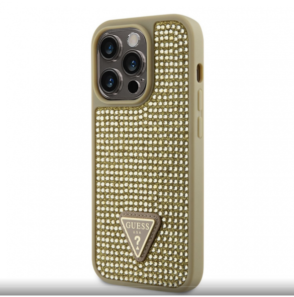 Guess Rhinestones Triangle Metal Logo Fodral för iPhone 14 Pro Gold