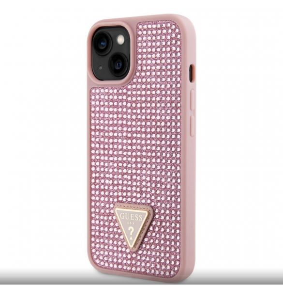 Guess Rhinestones Triangle metalllogofodral för iPhone 14 Rosa