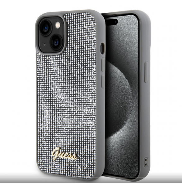 Guess PU Square Mirror Script Logo Fodral till iPhone 15 Silver