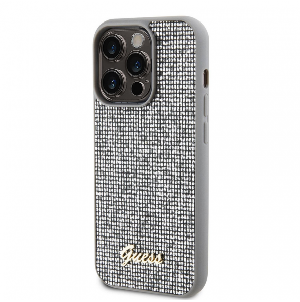 Guess PU Square Mirror Script Logo Fodral för iPhone 15 Pro Silver