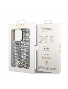Guess PU Square Mirror Script Logo Fodral för iPhone 15 Pro Silver