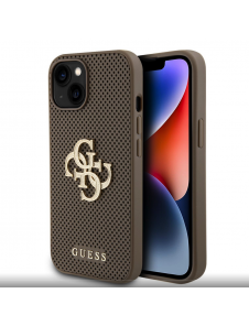 Guess PU Perforerad 4G Glitter Metal Logotypfodral för iPhone 15 Taupe