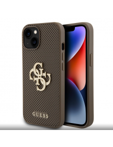 Guess PU Perforerad 4G Glitter Metal Logotypfodral för iPhone 15 Taupe