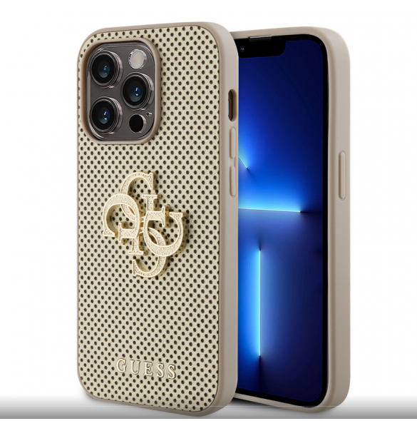 Guess PU Perforated 4G Glitter Metal Logo-fodral för iPhone 15 Pro Max Gold