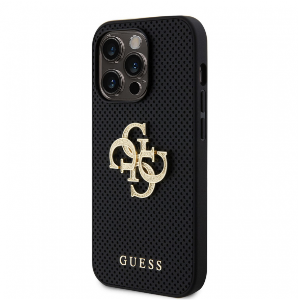 Guess PU Perforerat 4G Glitter Metal Logotypfodral för iPhone 15 Pro Max Svart