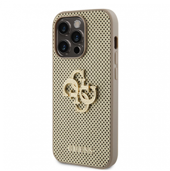 Guess PU Perforated 4G Glitter Metal Logo Fodral för iPhone 15 Pro Gold