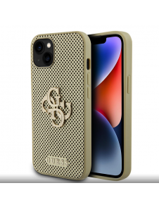 Guess PU Perforated 4G Glitter Metal Logo-fodral för iPhone 15 Gold