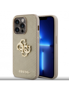 Guess PU Perforated 4G Glitter Metal Logo-fodral för iPhone 14 Pro Gold