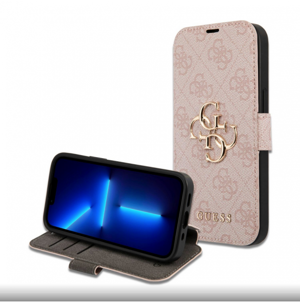 Guess PU Leather 4G Metal Logo Bokfodral för iPhone 15 Pro Pink