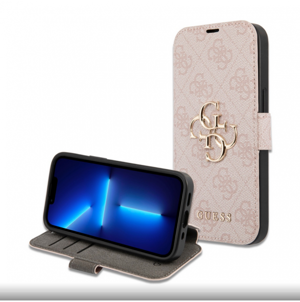 Guess PU Leather 4G Metal Logo Bokfodral för iPhone 15 Rosa