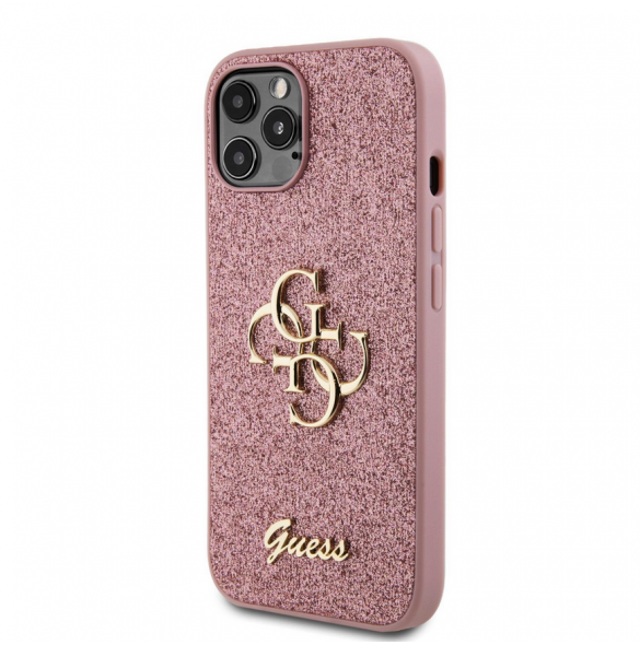 Guess PU Fixed Glitter 4G metalllogofodral för iPhone 12/12 Pro Pink