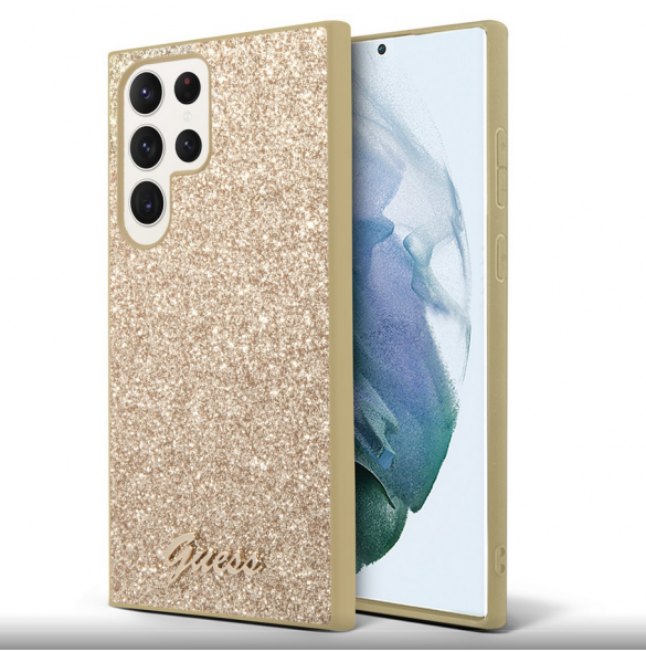 Guess PC/TPU Glitter Flakes metalllogofodral till Samsung Galaxy S23 Ultra Gold