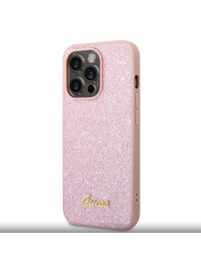 Guess PC/TPU Glitter Flakes metalllogofodral för iPhone 14 Pro Pink
