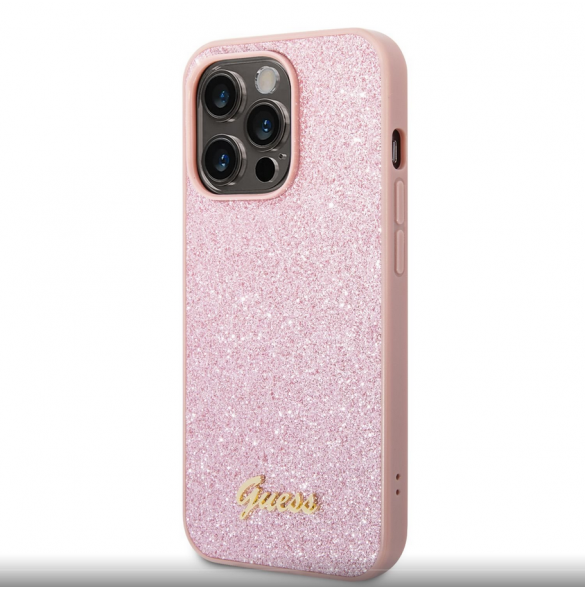 Guess PC/TPU Glitter Flakes metalllogofodral för iPhone 14 Pro Pink