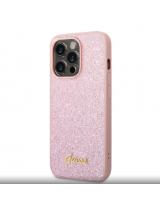 Guess PC/TPU Glitter Flakes metalllogofodral för iPhone 14 Pro Pink