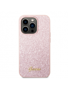 Guess PC/TPU Glitter Flakes metalllogofodral för iPhone 14 Pro Pink