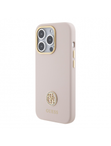 Guess Liquid Silicone 4G Strass Metal Logotypfodral till iPhone 15 Pro Pink