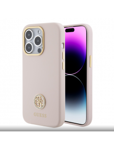 Guess Liquid Silicone 4G Strass Metal Logotypfodral till iPhone 15 Pro Pink