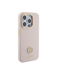 Guess Liquid Silicone 4G Strass Metal Logotypfodral till iPhone 15 Pro Pink