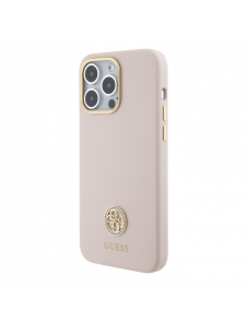 Guess Liquid Silicone 4G Strass Metal Logo Fodral för iPhone 15 Pro Max Rosa