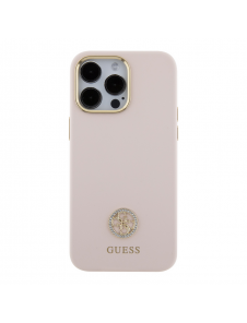 Guess Liquid Silicone 4G Strass Metal Logo Fodral för iPhone 15 Pro Max Rosa