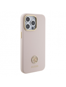 Guess Liquid Silicone 4G Strass Metal Logo Fodral för iPhone 15 Pro Max Rosa