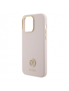 Guess Liquid Silicone 4G Strass Metal Logo Fodral för iPhone 15 Pro Max Rosa