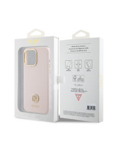 Guess Liquid Silicone 4G Strass Metal Logo Fodral för iPhone 15 Pro Max Rosa