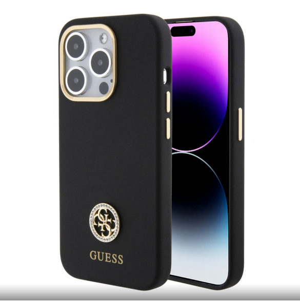 Guess Liquid Silicone 4G Strass Metal Logotypfodral för iPhone 15 Pro Max Svart