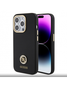 Guess Liquid Silicone 4G Strass Metal Logotypfodral för iPhone 15 Pro Max Svart