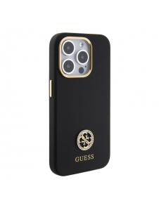 Guess Liquid Silicone 4G Strass Metal Logotypfodral för iPhone 15 Pro Max Svart