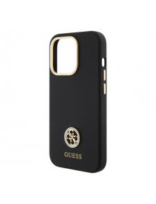 Guess Liquid Silicone 4G Strass Metal Logotypfodral för iPhone 15 Pro Max Svart