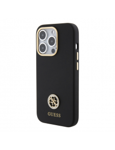 Guess Liquid Silicone 4G Strass Metal Logo Fodral för iPhone 15 Pro Svart