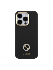 Guess Liquid Silicone 4G Strass Metal Logo Fodral för iPhone 15 Pro Svart