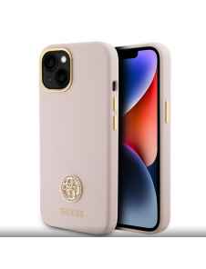 Guess Liquid Silicone 4G Strass Metal Logotypfodral till iPhone 15 Rosa