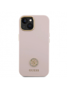 Guess Liquid Silicone 4G Strass Metal Logotypfodral till iPhone 15 Rosa
