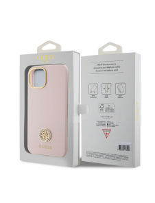 Guess Liquid Silicone 4G Strass Metal Logotypfodral till iPhone 15 Rosa